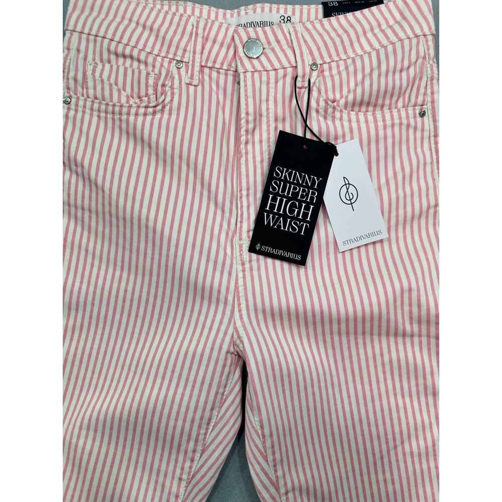 NWT Stradivarius Skinny Super High Waist Pink White Pinstripe Jeans Size 6 - Picture 5 of 13